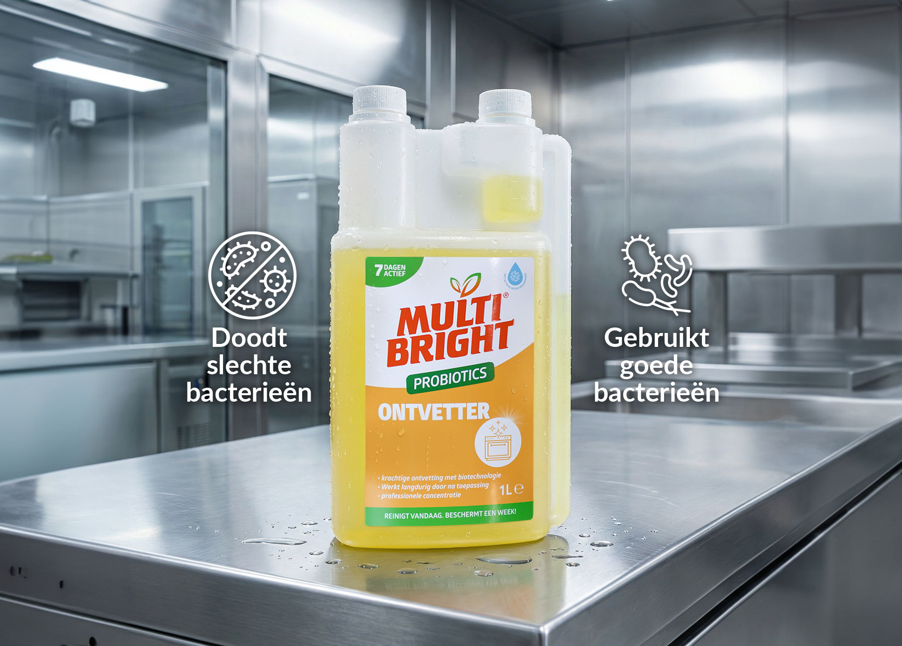 illustratie van probiotische bacteriën die vuil afbreken tijdens schoonmaken